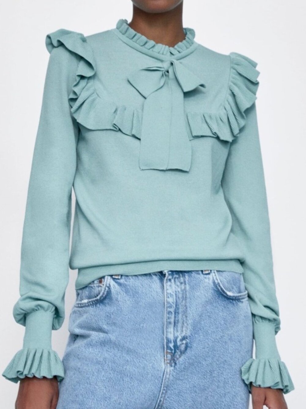 Zara Light Blue Knit Sweater Top Size Medium Long Sleeves